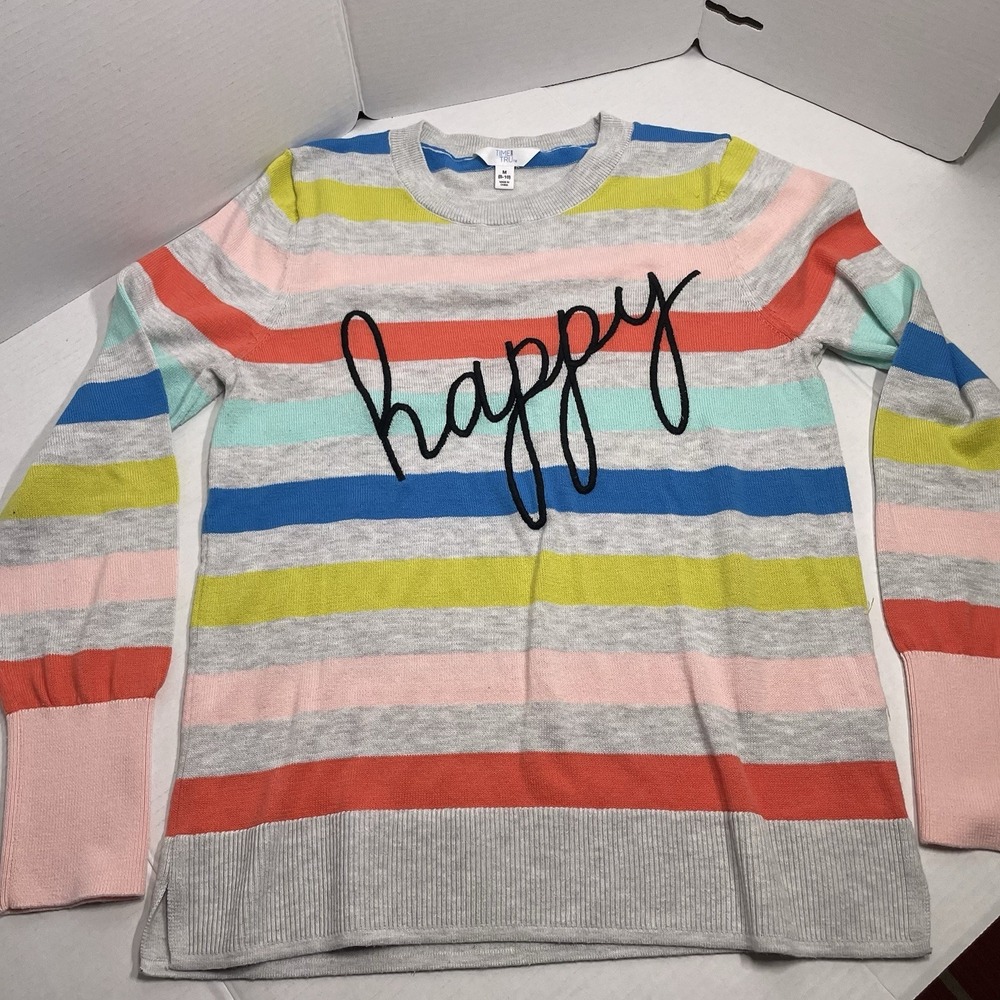 Time And Tru Women's Happy Rainbow Striped Pullover Sweater Size M EUC